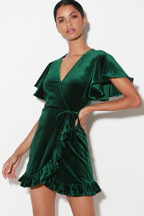 Dark Green Velvet Wrap Dress ...